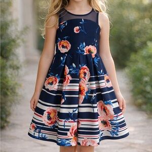 Rare Editions Girls Floral Easter Wedding Party Dress Size 7 Navy